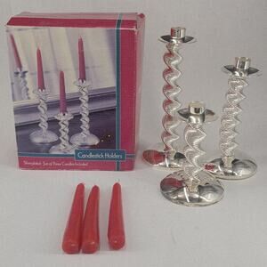 Silverplated Spiral Candlestick Holders Set of 3 NIB with Red Taper Candles